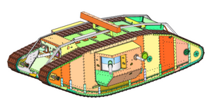 Armortek 1/6 scale WW1 Mark IV tank kit: colour-coded 3D design drawing of the model