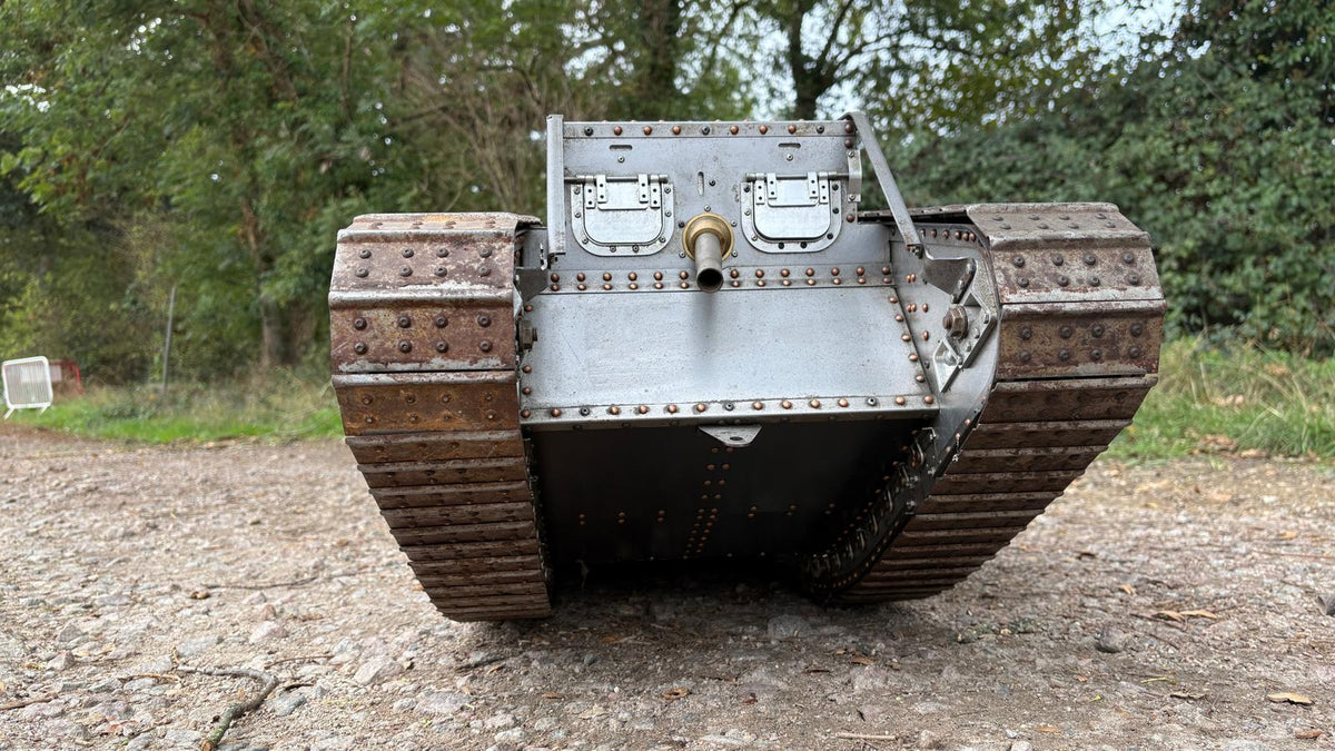 Armortek 1/6 scale WW1 Mark IV tank model seen from the front on a gravel track