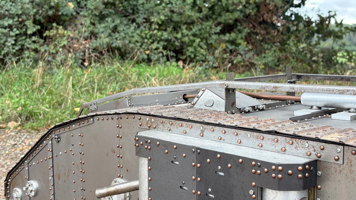 Armortek 1/6 scale WW1 Mark IV tank model: side view of the riveted hull and sponson